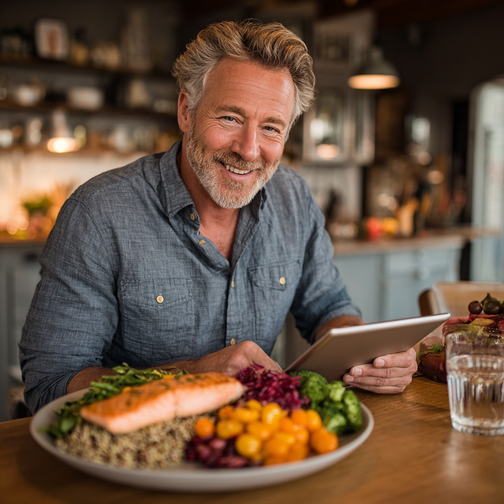 Happy middle-aged man in his early 50s with graying hair and beard, wearing a casual button-down shirt, sitting at a kitchen table with a colorful healthy meal consisting of salmon, quinoa, and mixed vegetables, smiling while using a tablet to track his nutrition plan