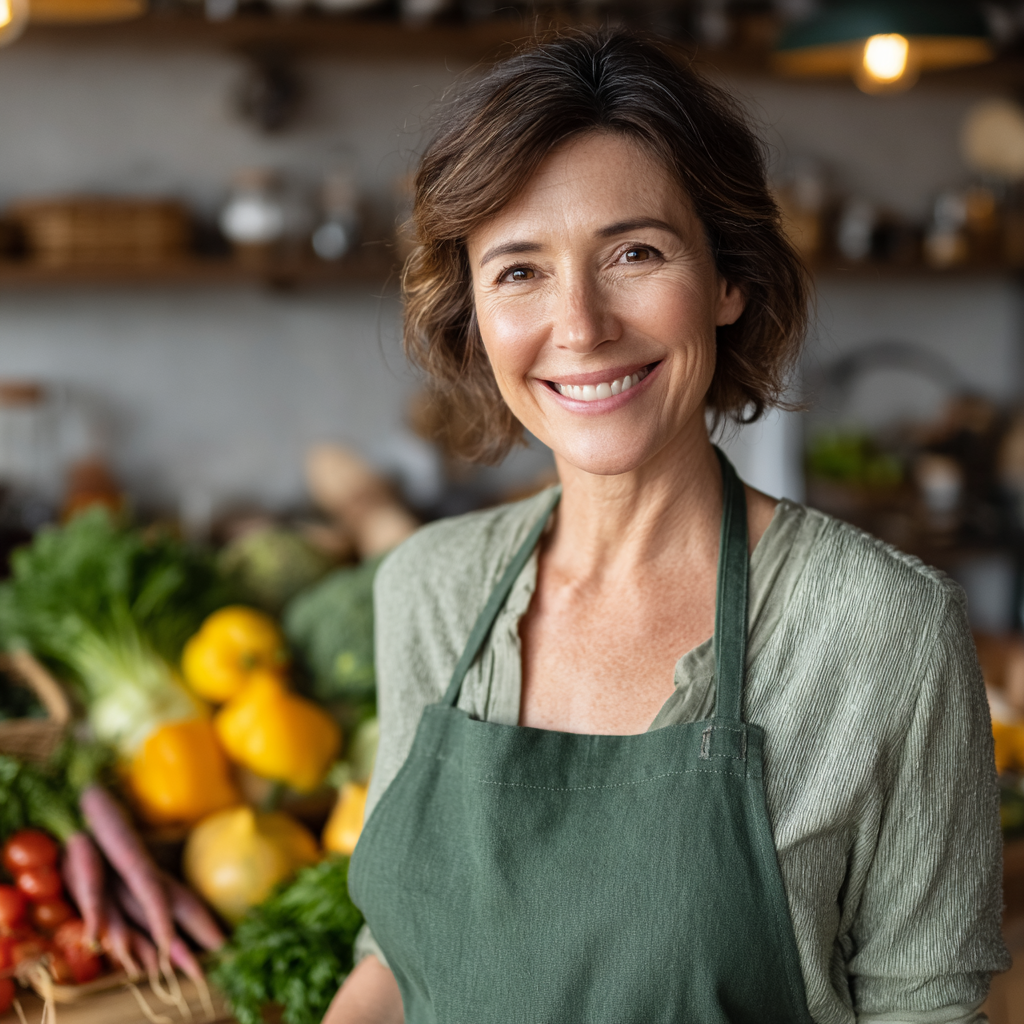 Smiling middle-aged woman in her late 40s with short brown hair wearing a light green apron, standing in a modern kitchen while preparing fresh vegetables and fruits for a healthy meal, natural lighting from window